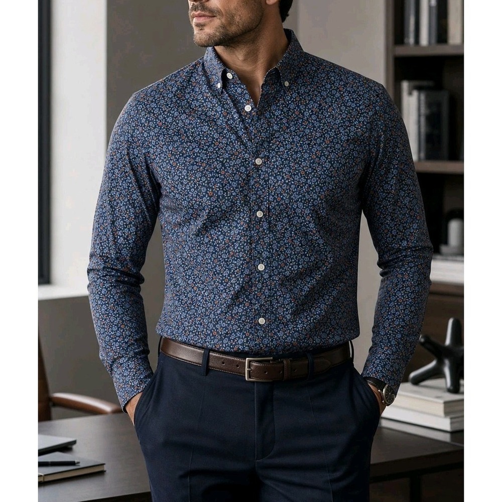 Foundry Supply Co Floral Button Down Shirt XLT Navy Cotton Stretch NWT